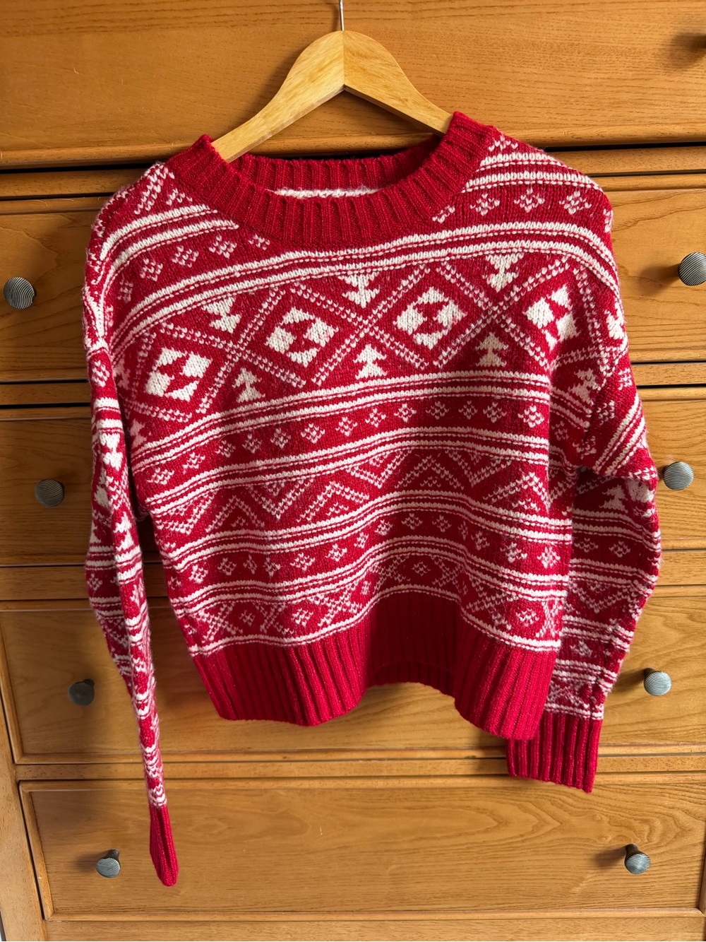American Eagle Sweater Fairisle Snowdrift Knit Red White XS Winter Holiday Fall